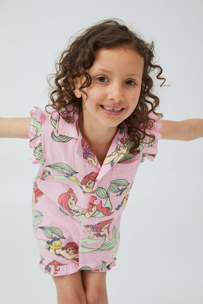 Yasmin Flutter Short Sleeve Pyjama Set Licensed, LCN DIS CALI PINK/ARIEL BUBBLES