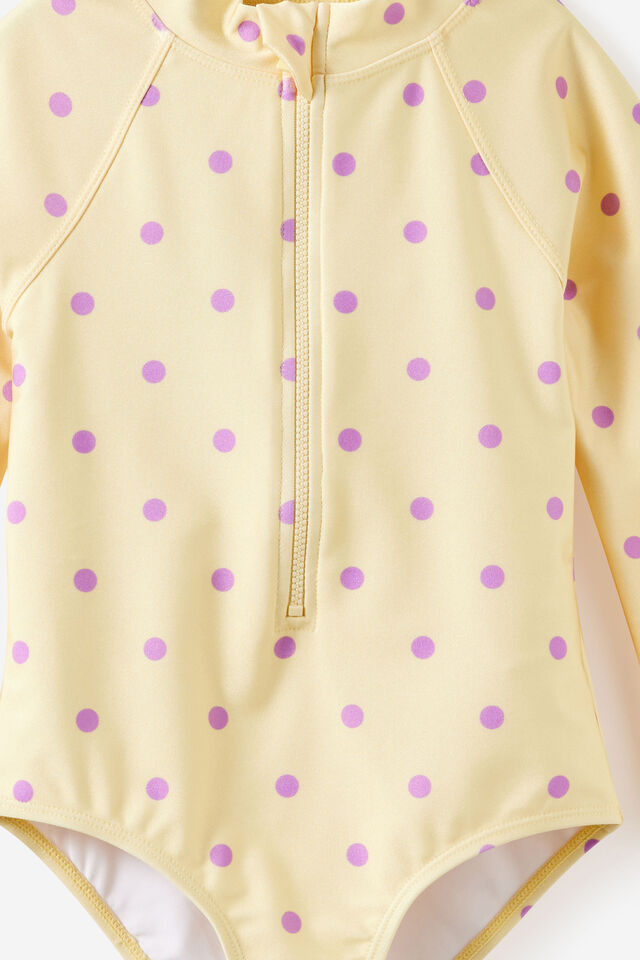 Long Sleeve One Piece Swimsuit, BABY YELLOW/VINTAGE LILAC POLKADOT