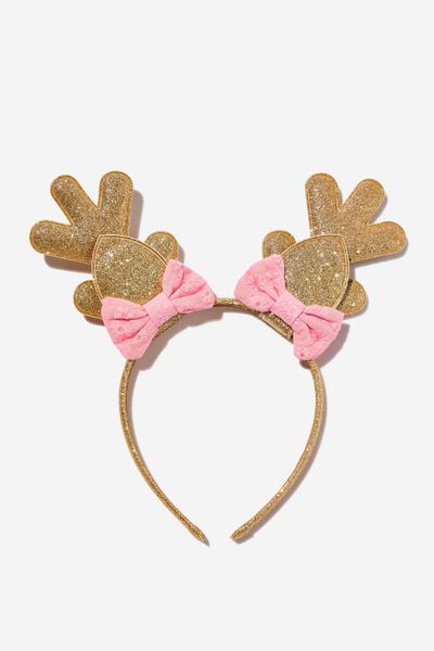 Kids Novelty Headband, GOLDY/BLUSH PINK BOW REINDEER