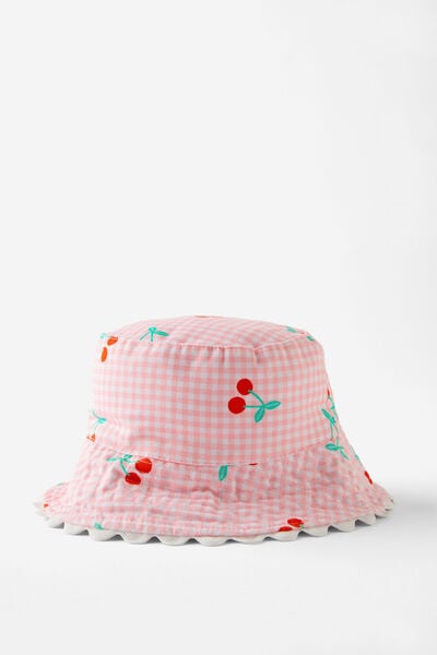 Kids Reversible Bucket Hat, BLUSH PINK GINGHAM/CHERRIES