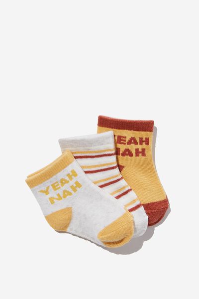 3Pk Baby Socks, HONEY GOLD YEAH NAH