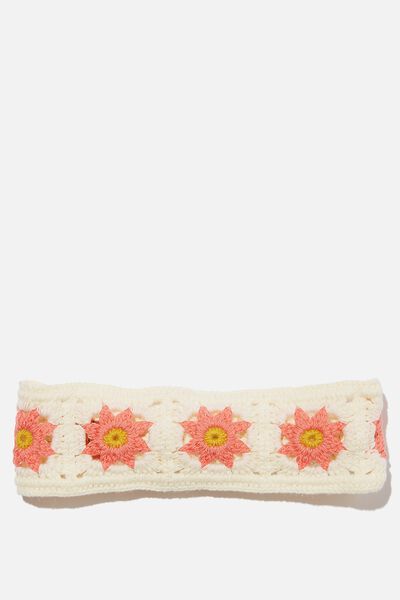 Soft Crochet Headband, WHITE/RETRO CORAL FLOWERS
