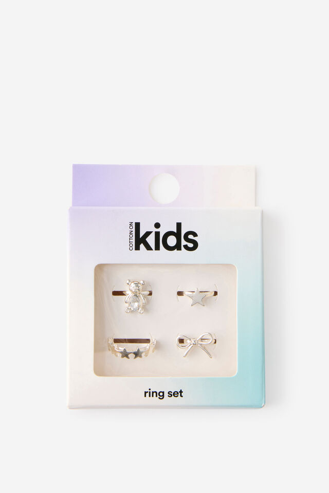 Kids 4Pk Ring Set, SILVERY/BEARS AND BOWS
