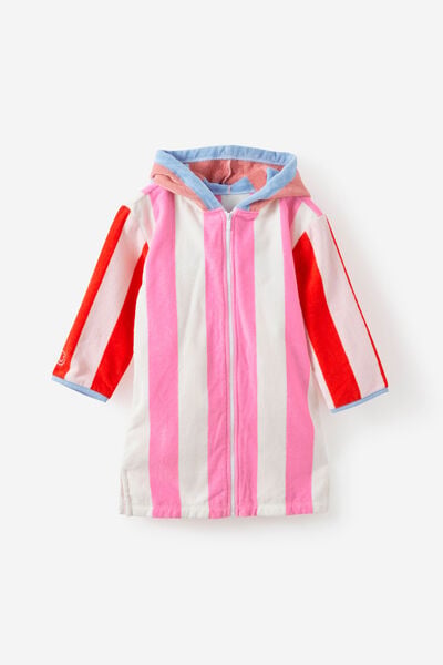 Kids Zip Thru Hooded Towel, STRAWBERRY MILK/CONTRAST STRIPES