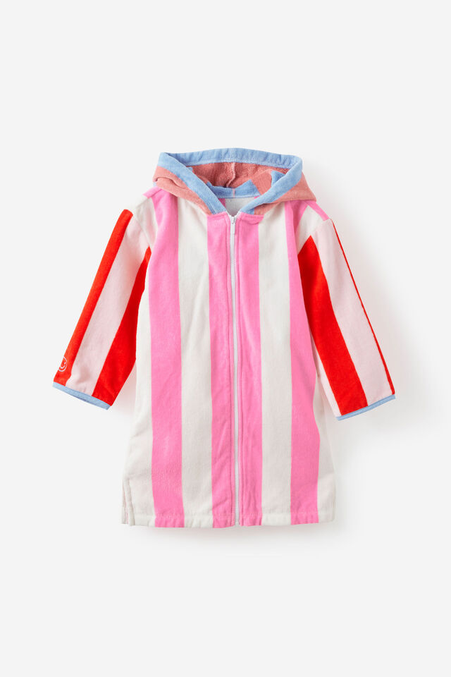 Kids Zip Thru Hooded Towel, STRAWBERRY MILK/CONTRAST STRIPES