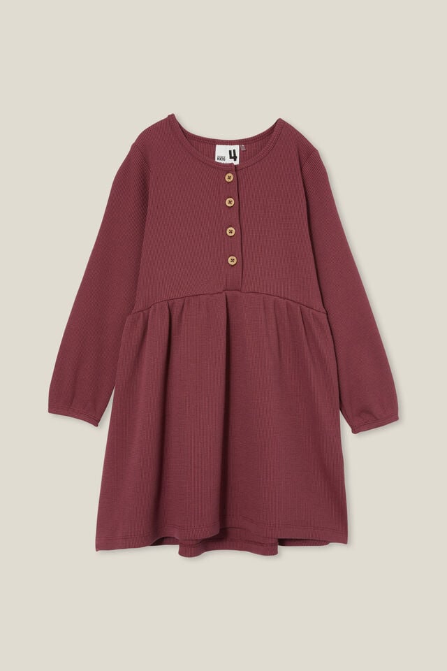 Vestido - Sally Button Front Long Sleeve Dress, VINTAGE BERRY WAFFLE