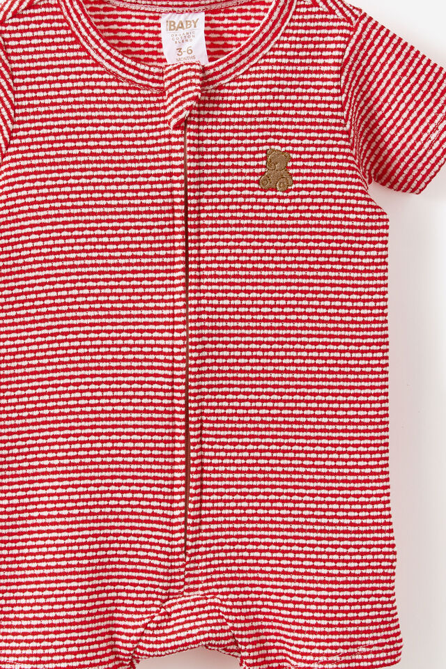 Littlie Organic Short Sleeve Zip Romper, VARSITY RED/MILK BEAR STRIPE