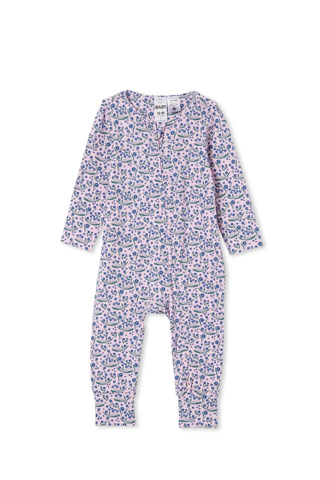 The Long Sleeve Footless Zip Romper, PALE VIOLET/DAISY GARDEN