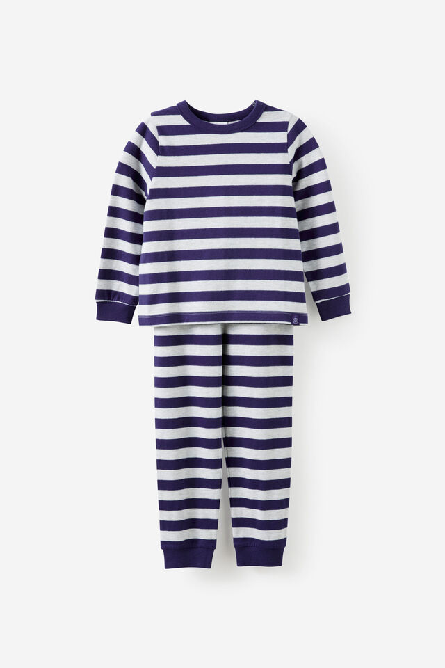 Dreamdrift Ls Pj Set - Grey Marle Rena Pers, BOBBI STRIPE GREY MARLE/DENIM NAVY