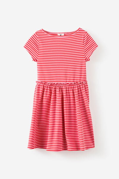 Boat Neck Frill Short Sleeve Dress, VARSITY RED/STRAWBERRY MILK STRIPE