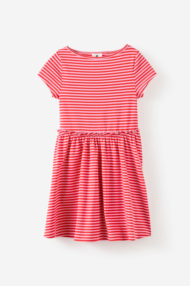 Boat Neck Frill Short Sleeve Dress, VARSITY RED/STRAWBERRY MILK STRIPE