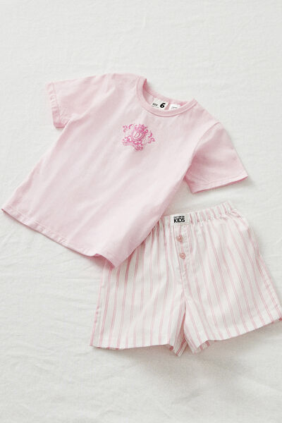 Kelly Short Sleeve Pyjama Set, BLUSH PINK/UNICORN DOUBLE STRIPE