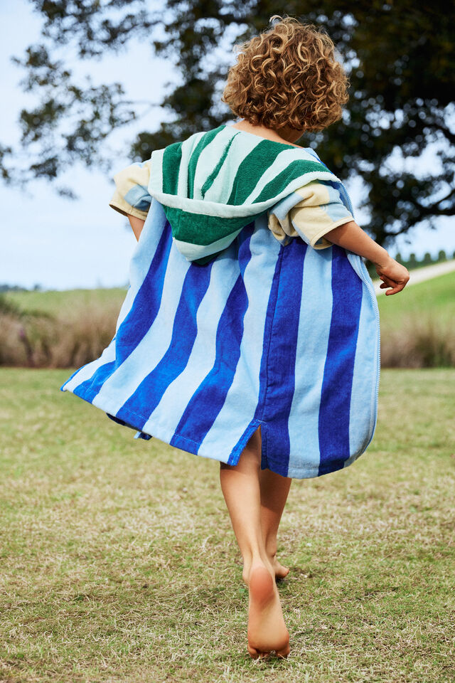 Kids Zip Thru Hooded Towel, HARBOUR BLUE/CONTRAST STRIPES
