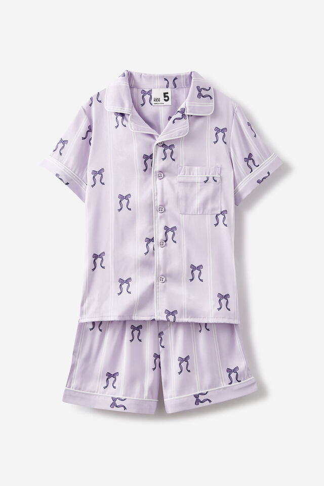 Casey Short Sleeve Pyjama Set, VINTAGE LILAC/STRIPE BOWS