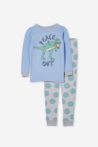 Ethan Long Sleeve Pyjama Set, PEACE OUT DINO DUSK BLUE