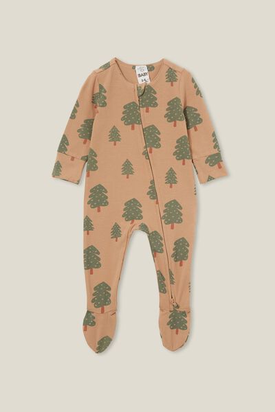 The Long Sleeve Zip Romper Usa, TAUPY BROWN/FOREST TREES