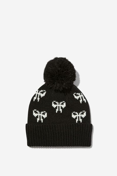 Kids Winter Knit Beanie, PHANTOM/WHITE BOWS