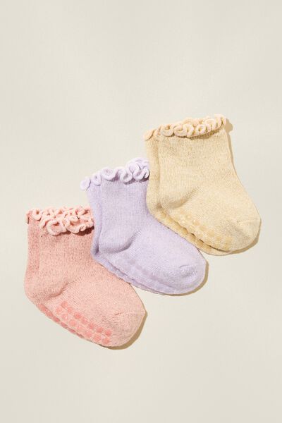 3Pk Baby Socks, GOLD/PINK/LILAC DROP SHIMMER