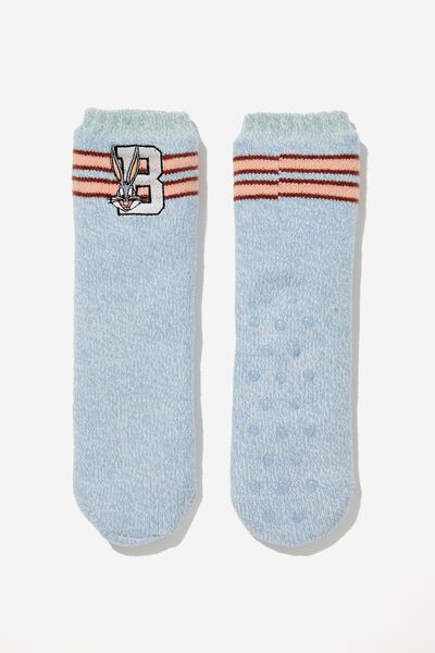 Kids License Slipper Socks, LCN WB DUSTY BLUE/BUGS