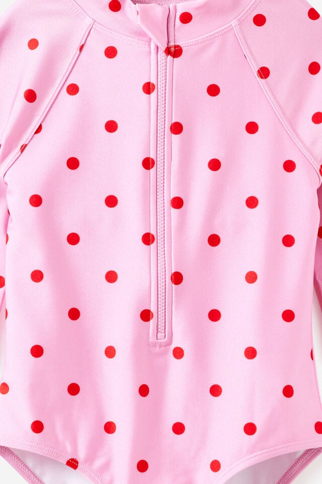 Long Sleeve One Piece Swimsuit, STRAWBERRY MILK/POP RED POLKADOT