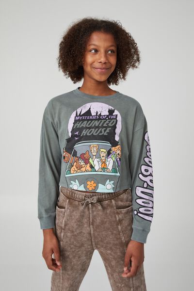 License Cropped Long Sleeve Tee, LCN WB SCOOBY DOO HAUNTED/SWAG GREEN WASH