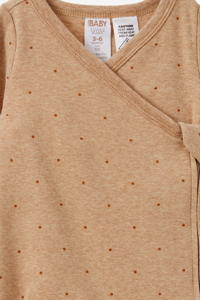 Organic Cross Over Zip Romper, CARAMEL FUDGE MARLE/SPOT