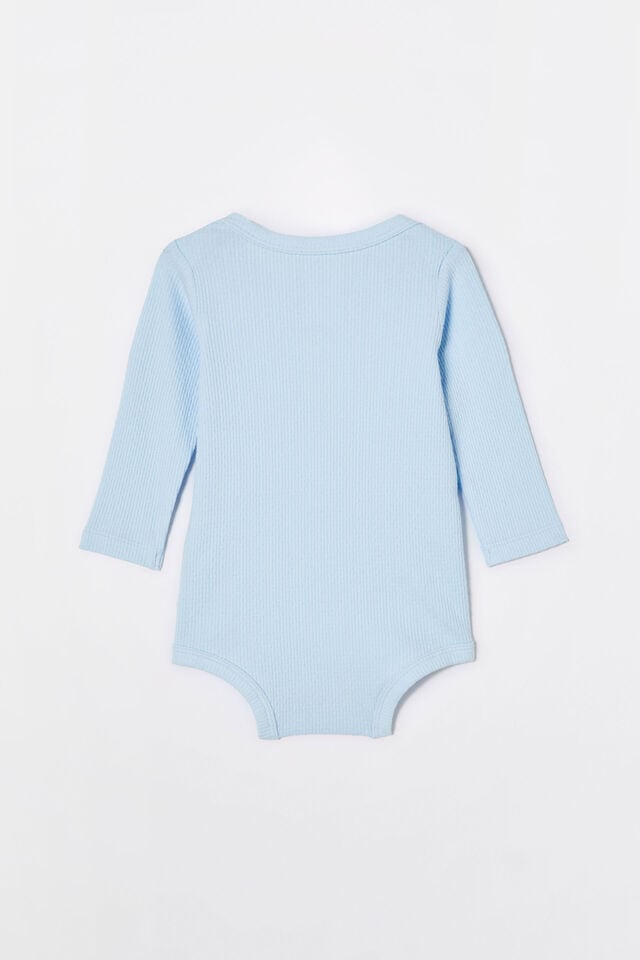 Organic Newborn Pointelle Long Sleeve Bubbysuit, WHITE WATER BLUE/SNUGGLE BUDDY
