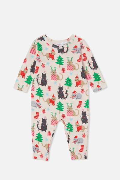 Macacão - The Long Sleeve Snap Romper, CRYSTAL PINK/XMAS CATS