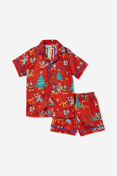 Riley Kids Unisex Short Sleeve Pyjama Set Licensed, LCN DIS FLAME RED/MICKEY & FRIENDS FA LA LA