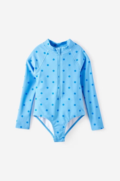 Long Sleeve One Piece Swimsuit, BLUE BONNET/HARBOUR BLUE POLKADOT