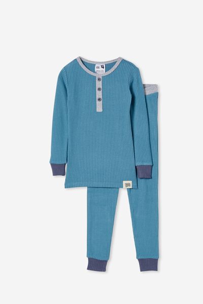 Cooper Long Sleeve Pyjama Set, TEAL STORM/FOG GREY MARLE