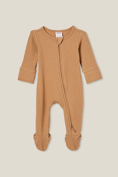 Organic Pointelle Zip All In One Romper, TAUPY BROWN