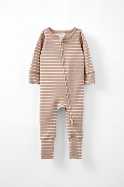 The Billie Long Sleeve Rib Romper, OATMILK/VANILLA RILEY STRIPE