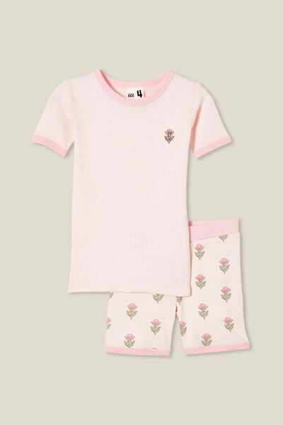 Talia Short Sleeve Pyjama Set, CRYSTAL PINK/WOOD STAMP FLORAL