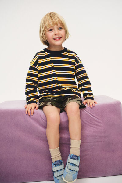 Essentials Long Sleeve Tee, SQUID INK/GOLDEN/VANILLA STRIPE