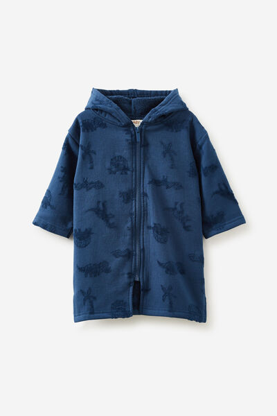 Baby Zip Through Hooded Towel, PETTY BLUE/JACQUARD DINOS