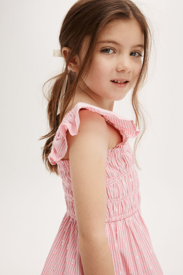 Kennedy Tiered Dress, CORAL FIZZ/BLUSH PINK STRIPE