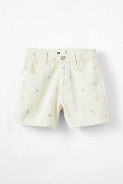 Winter Denim Short, ECRU/RAINBOW BOWS