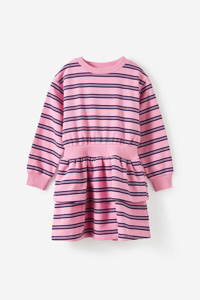 Crew Neck Ruffle Dress, STRAWBERRY MILK/DENIM NAVY STRIPE