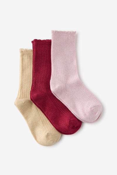 Kids 3Pk Sparkle Socks, GOLDY/PINK SHIMMER