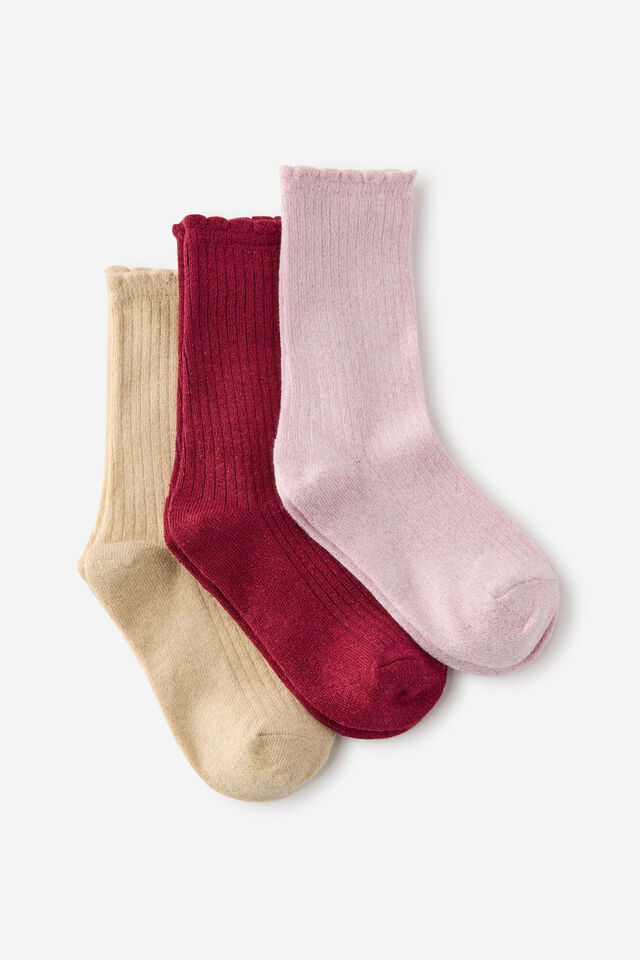 Kids 3Pk Sparkle Socks, GOLDY/PINK SHIMMER