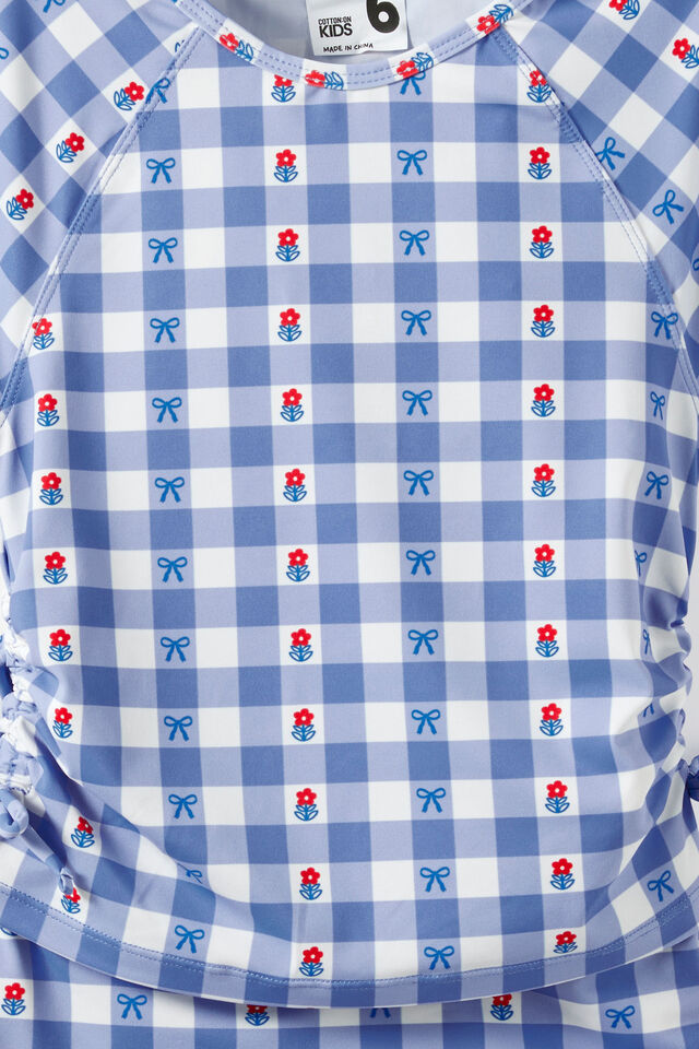 Florence S/S Rashie And Bikini Bottom Set, BLUE BONNET/FLORAL GINGHAM