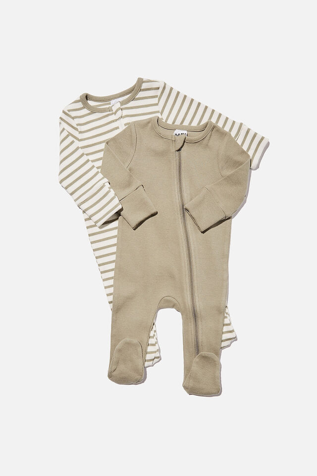 2 Pack Essentials Zip Romper, SILVER SAGE ORGANIC