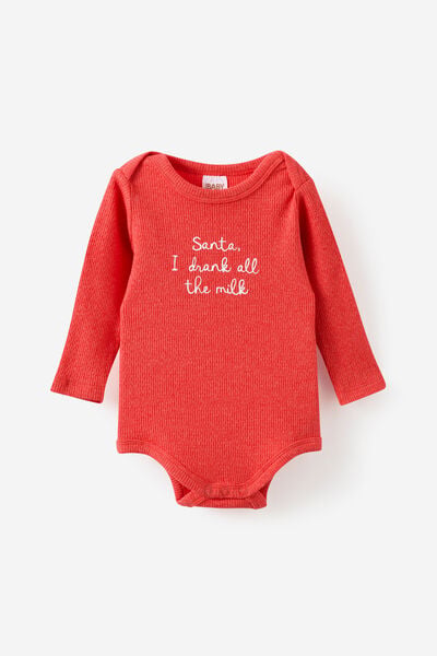 Organic Pointelle Long Sleeve Bubbysuit, VARSITY RED MARLE/SANTA I DRANK ALL THE MILK