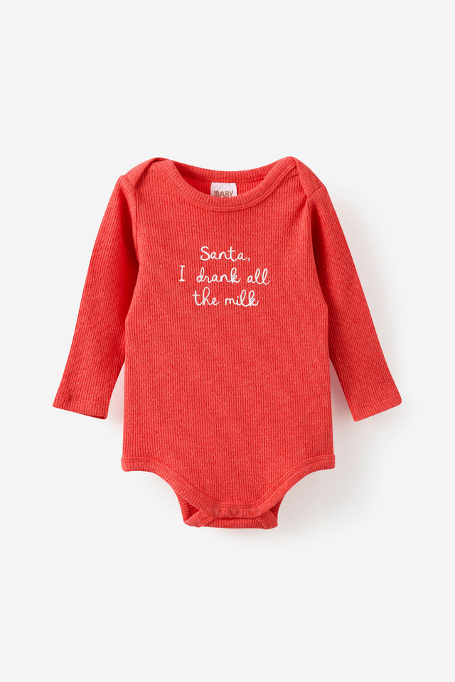 Organic Pointelle Long Sleeve Bubbysuit, VARSITY RED MARLE/SANTA I DRANK ALL THE MILK