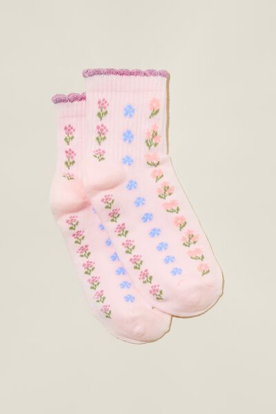 Single Pack Mid Crew Sock, CRYSTAL PINK/DITZY FLORAL