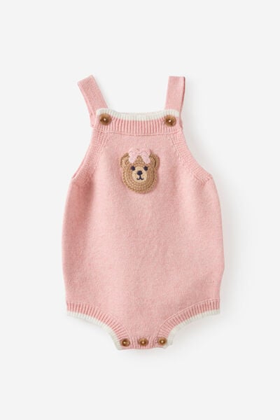 Baby Organic Blend Knit Bubbysuit, POP PINK MARLE/CROCHET BEAR