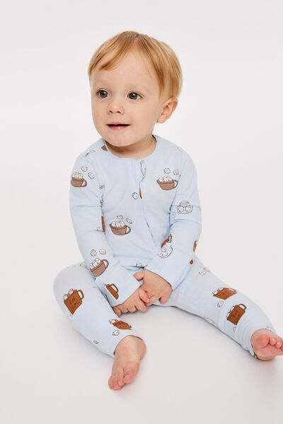 Growie Long Sleeve Zip All In One Romper, BLUE WHISPER/TOASTY MARSHMALLOWS