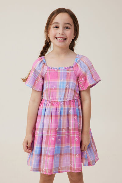 Paige Short Sleeve Dress, MULTI CHEECK PALE VIOLET