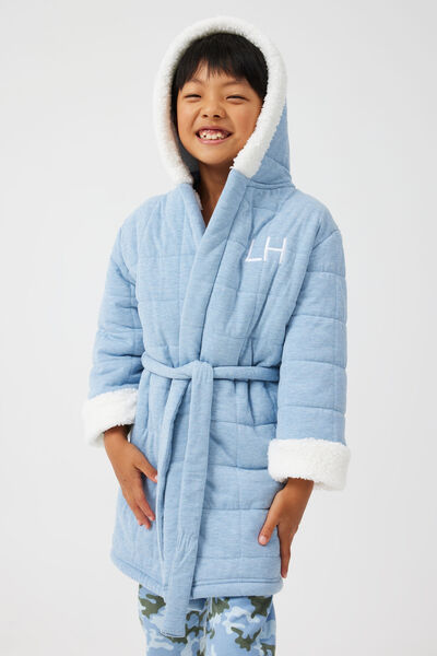 Boys Hooded Long Sleeve Quilted Gown Personalised, DUSTY BLUE/VANILLA CONTRAST